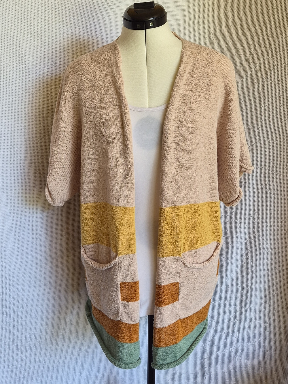 Open-Front Cream Colorblock Cardigan with Mustard, Rust and Sage Accents